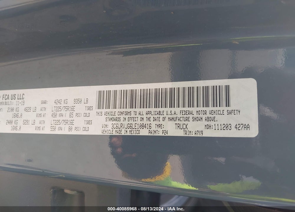 2020 RAM PROMASTER 3500 CARGO VAN HIGH ROOF 159 WB EXT VIN: 3C6URVJG6LE108416