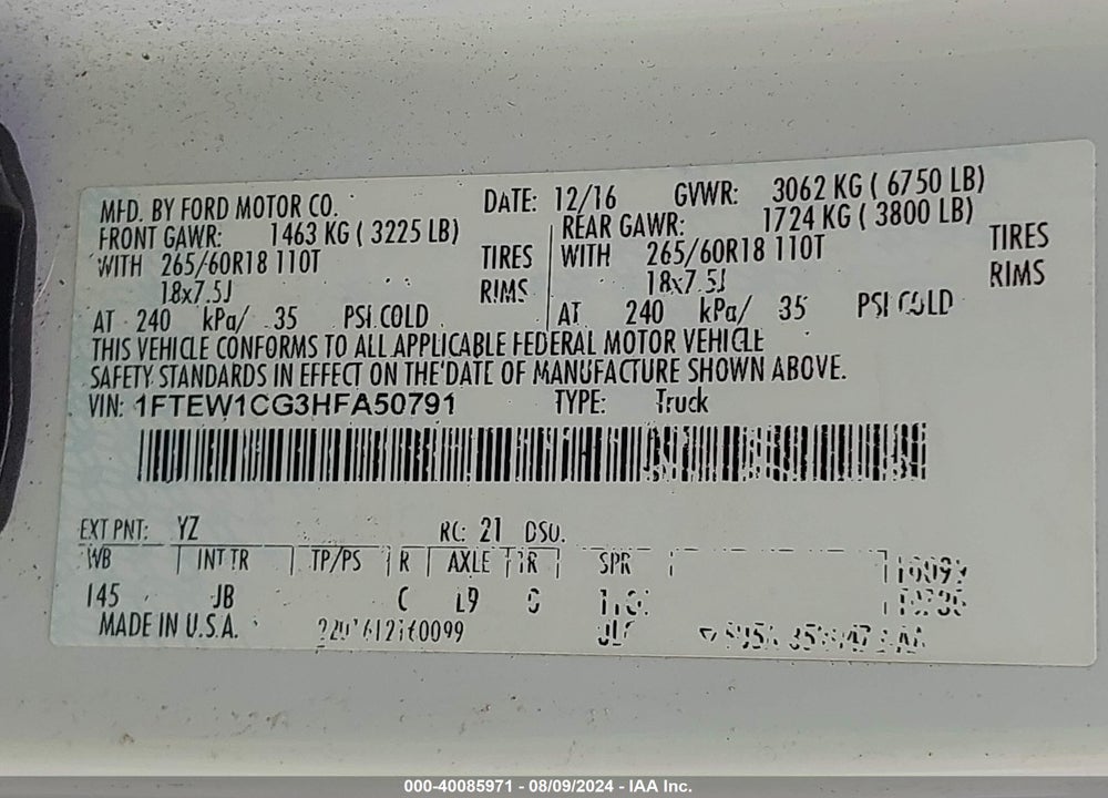 2017 FORD F-150 XLT VIN: 1FTEW1CG3HFA50791