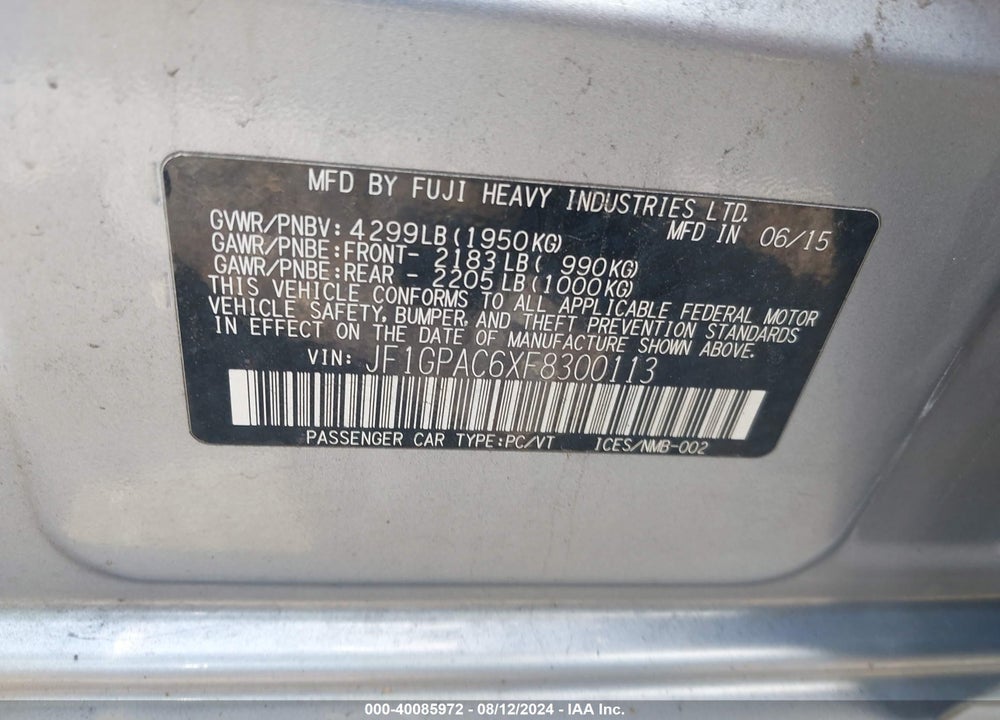 2015 SUBARU IMPREZA 2.0I PREMIUM VIN: JF1GPAC6XF8300113