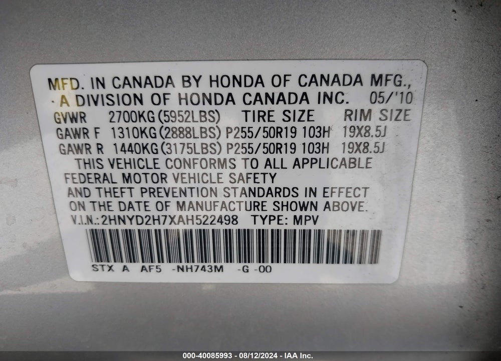 2010 ACURA MDX ADVANCE PACKAGE VIN: 2HNYD2H7XAH522498