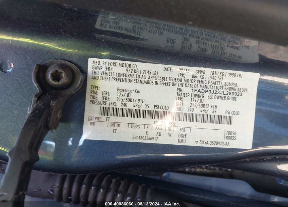 2018 FORD FOCUS TITANIUM VIN: 1FADP3J23JL280923