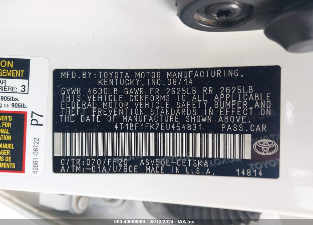 2014 TOYOTA CAMRY SE VIN: 4T1BF1FK7EU454831