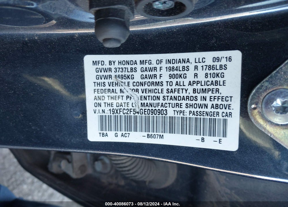 2016 HONDA CIVIC LX VIN: 19XFC2F54GE090903