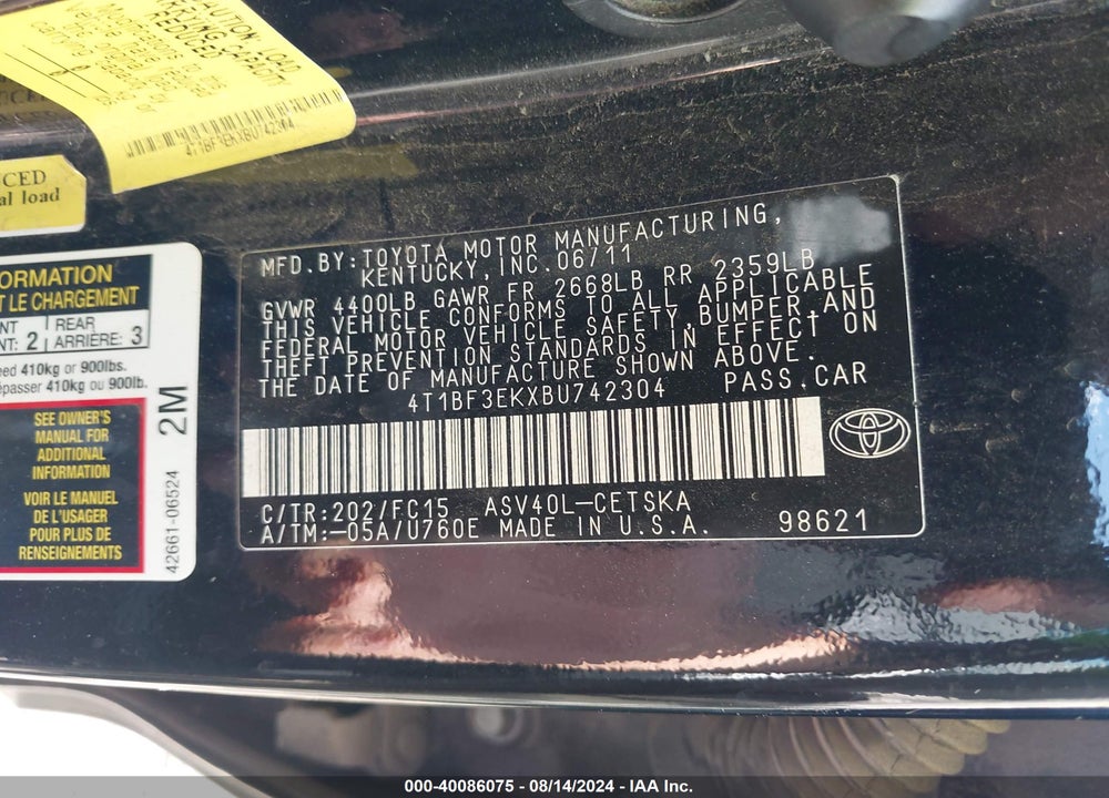 2011 TOYOTA CAMRY SE VIN: 4T1BF3EKXBU742304