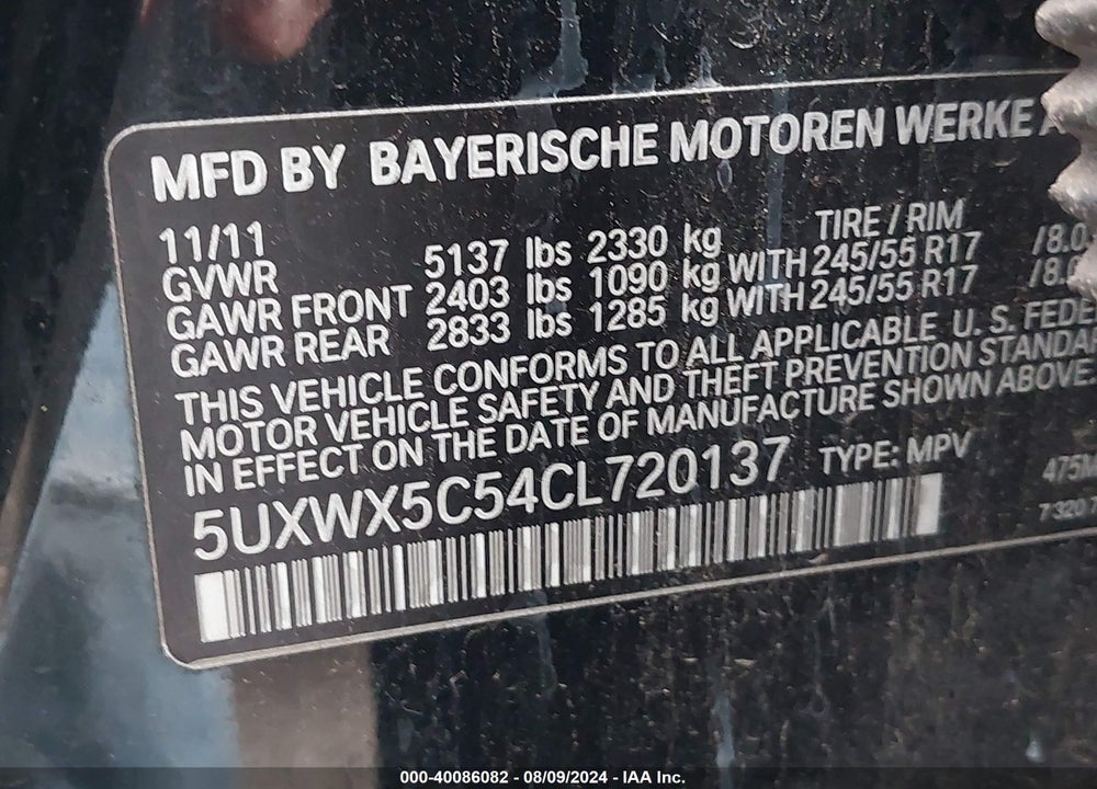 2012 BMW X3 XDRIVE28I VIN: 5UXWX5C54CL720137