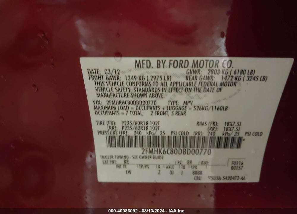 2013 FORD FLEX SEL VIN: 2FMHK6C80DBD00770
