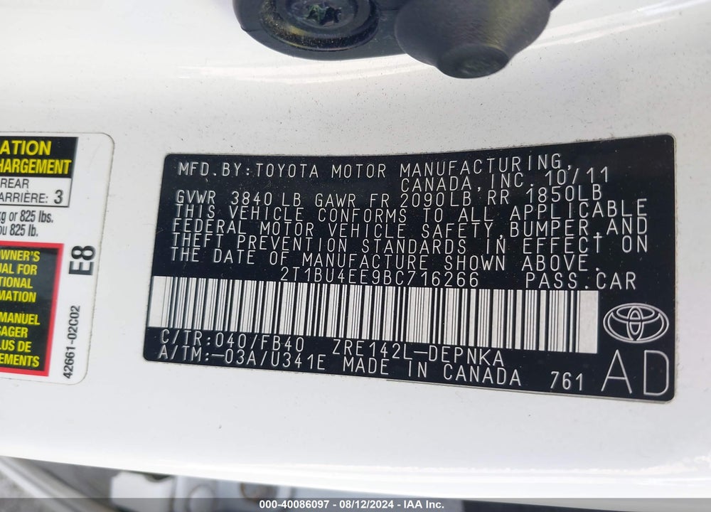2011 TOYOTA COROLLA LE VIN: 2T1BU4EE9BC716266