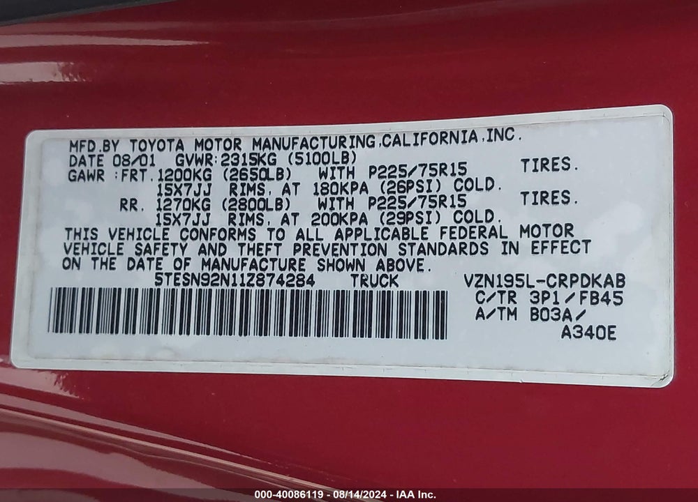 2001 TOYOTA TACOMA PRERUNNER V6 VIN: 5TESN92N11Z874284