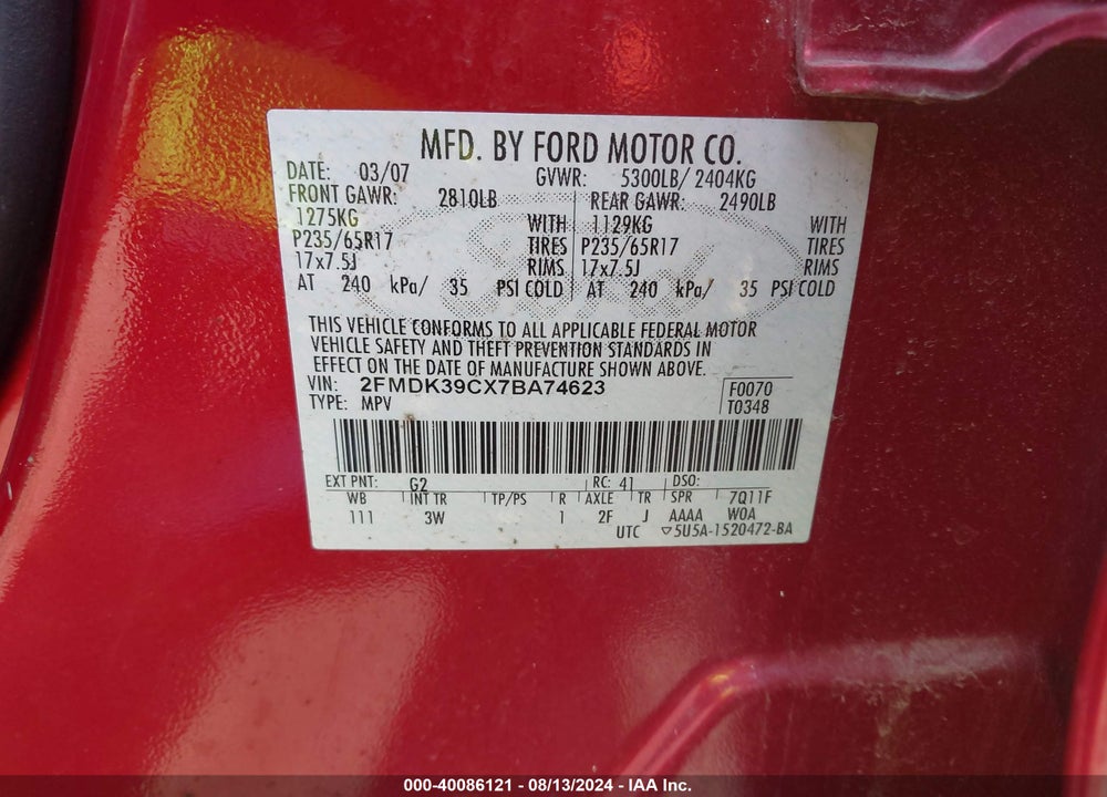 2007 FORD EDGE VIN: 2FMDK39CX7BA74623