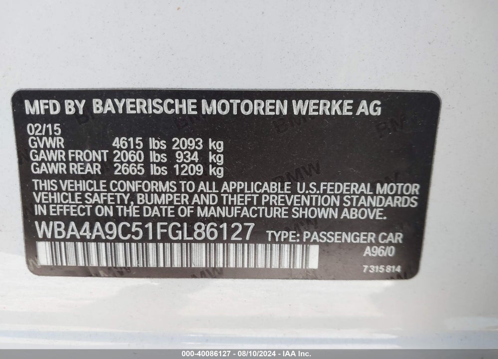 2015 BMW 428 GRAN COUPE VIN: WBA4A9C51FGL86127