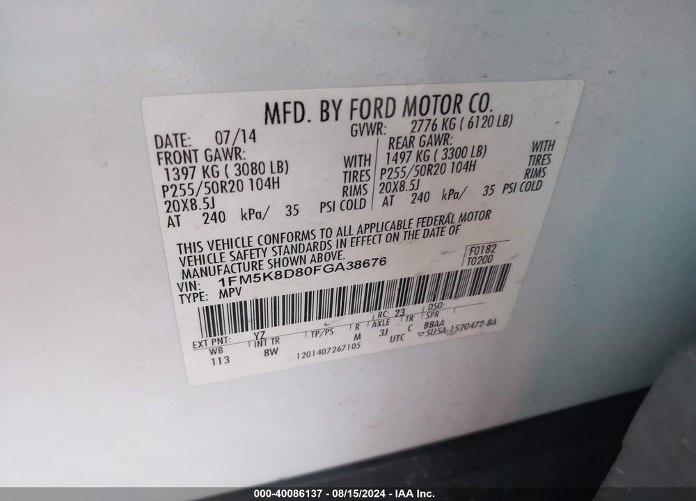2015 FORD EXPLORER XLT VIN: 1FM5K8D80FGA38676