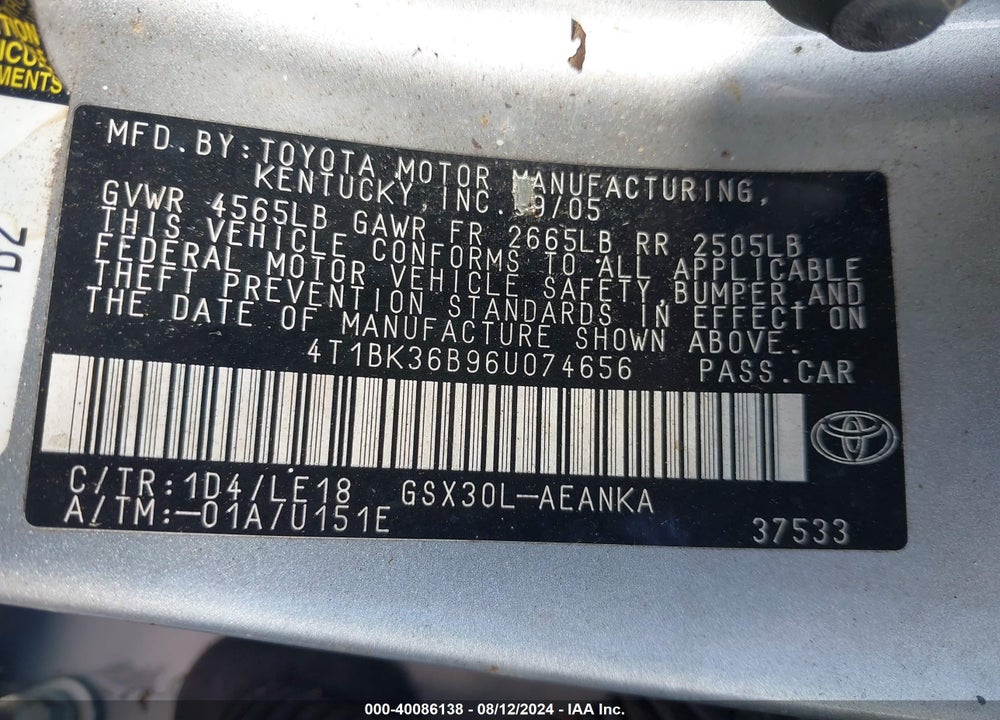 2006 TOYOTA AVALON TOURING VIN: 4T1BK36B96U074656