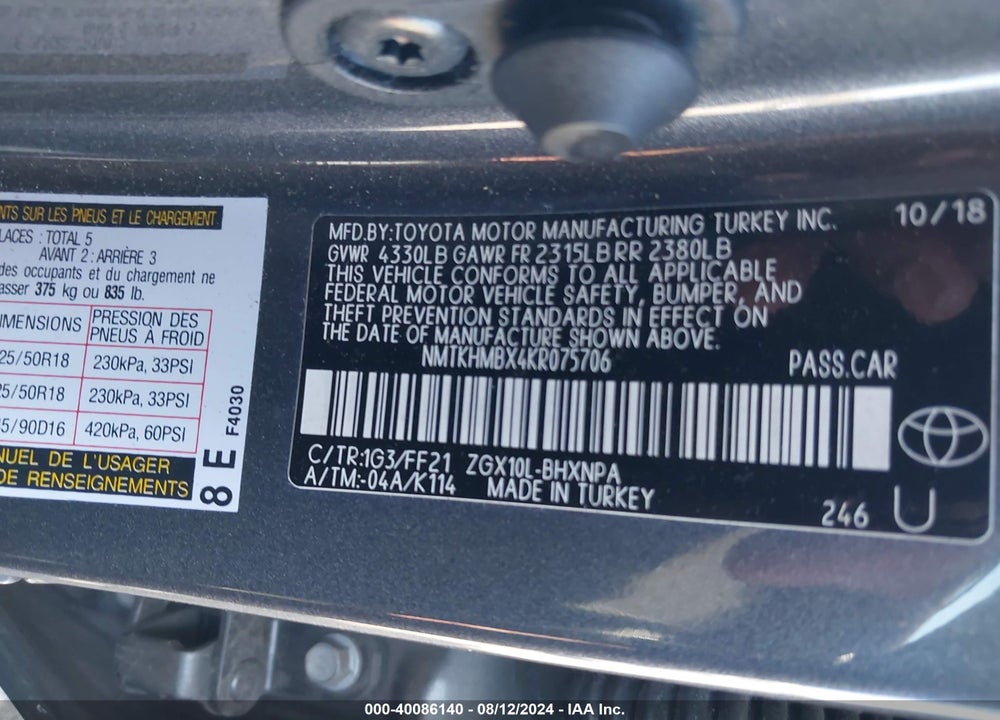 2019 TOYOTA C-HR XLE VIN: NMTKHMBX4KR075706