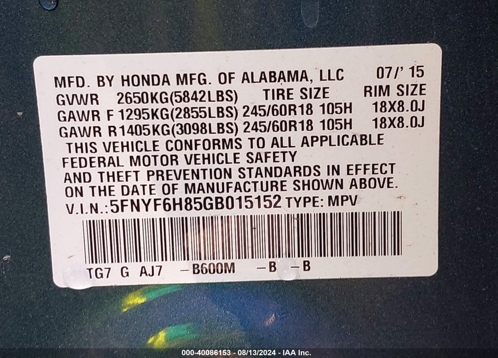 2016 HONDA PILOT VIN: 5FNYF6H85GB015152