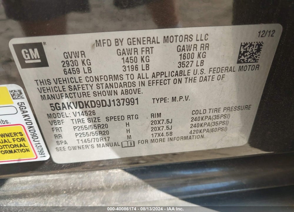 2013 BUICK ENCLAVE VIN: 5GAKVDKD9DJ137991