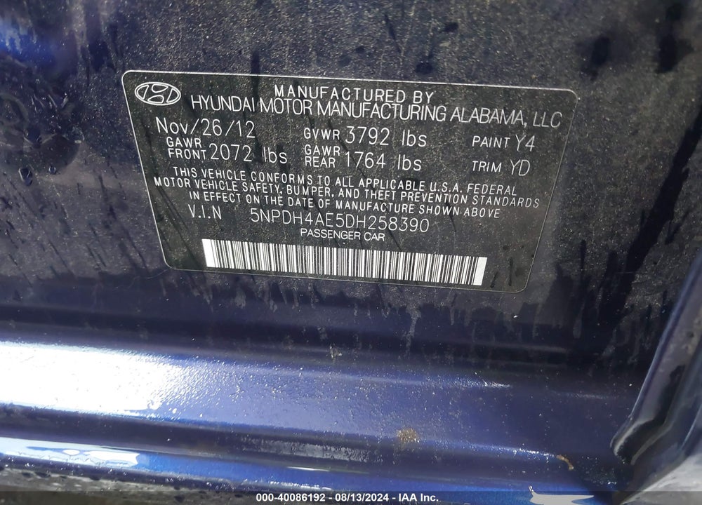 2013 HYUNDAI ELANTRA GLS VIN: 5NPDH4AE5DH258390
