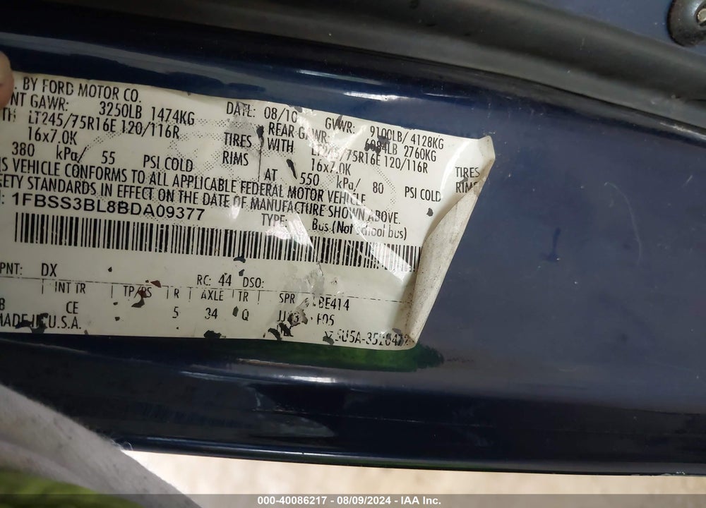 2011 FORD E-350 SUPER DUTY XL VIN: 1FBSS3BL8BDA09377