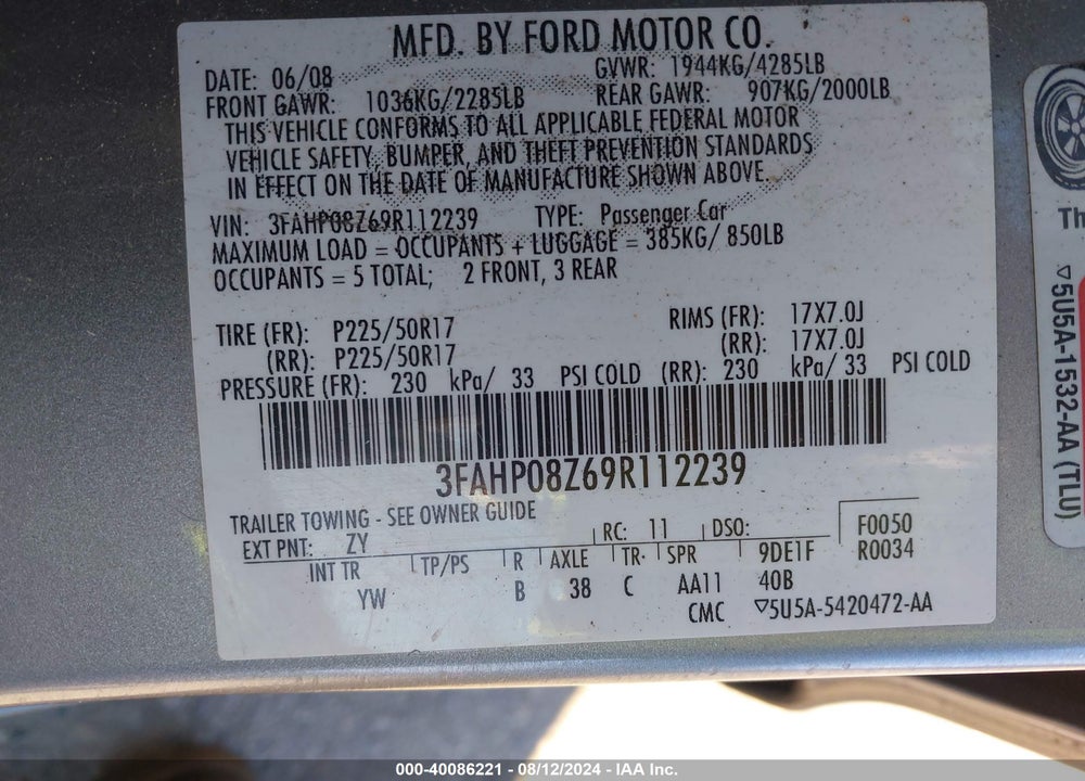 2009 FORD FUSION SEL VIN: 3FAHP08Z69R112239
