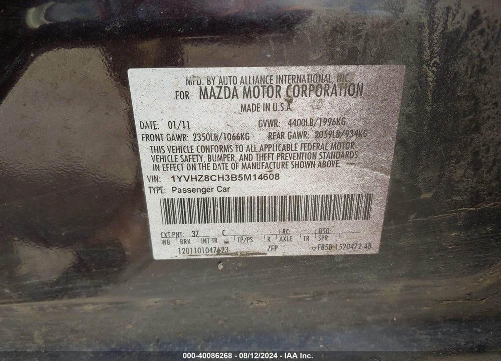2011 MAZDA 6 VIN: 1YVHZ8CH3B5M14608