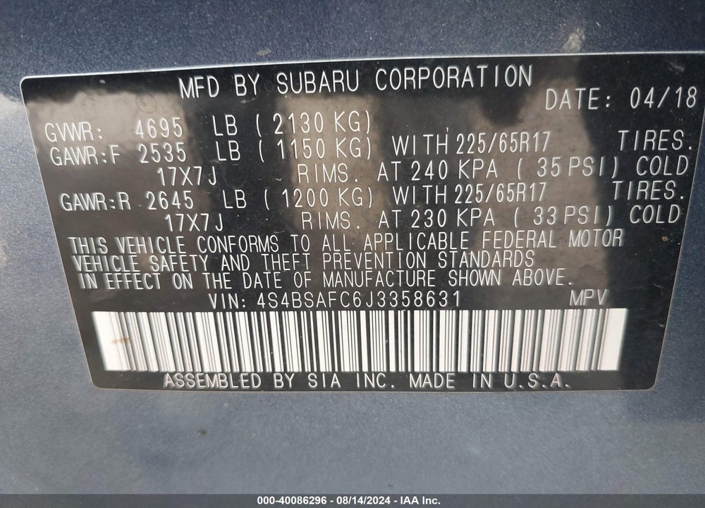 2018 SUBARU OUTBACK 2.5I PREMIUM VIN: 4S4BSAFC6J3358631