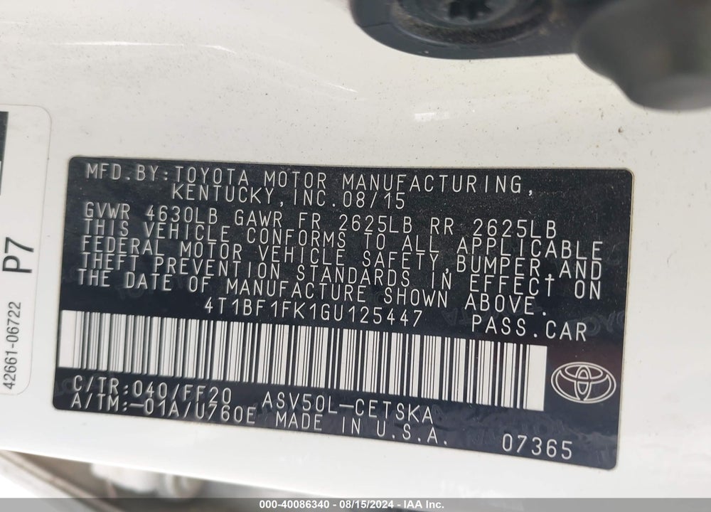 2016 TOYOTA CAMRY SE VIN: 4T1BF1FK1GU125447