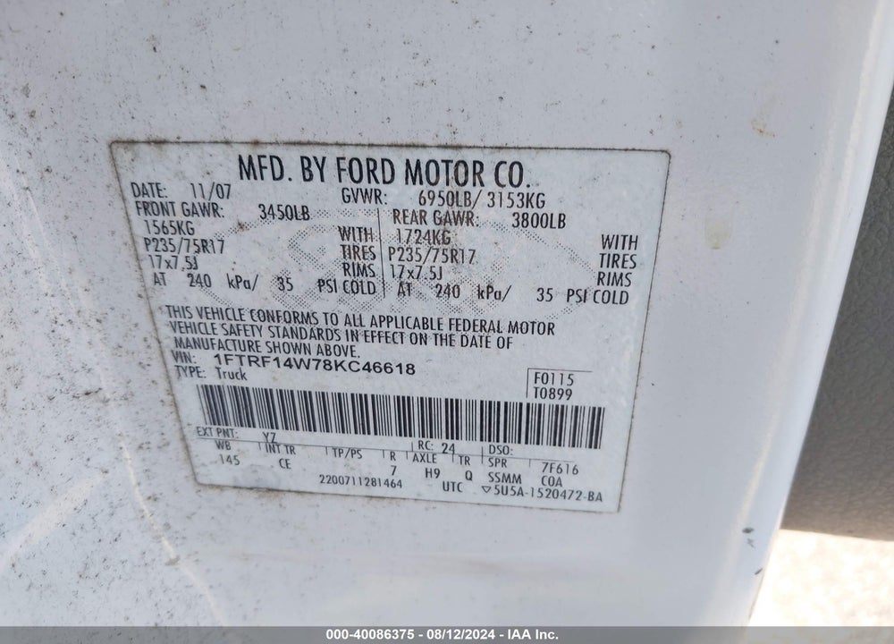 2008 FORD F-150 STX/XL/XLT VIN: 1FTRF14W78KC46618