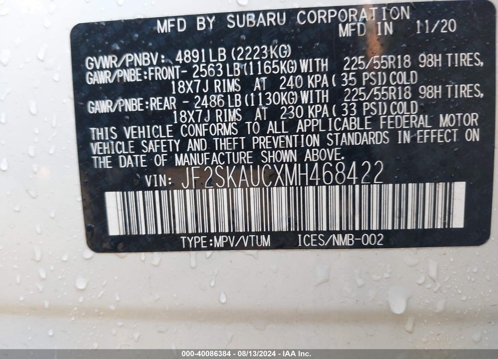 2021 SUBARU FORESTER LIMITED VIN: JF2SKAUCXMH468422