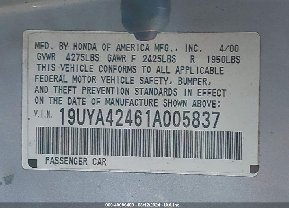 2001 ACURA CL 3.2 VIN: 19UYA42461A005837
