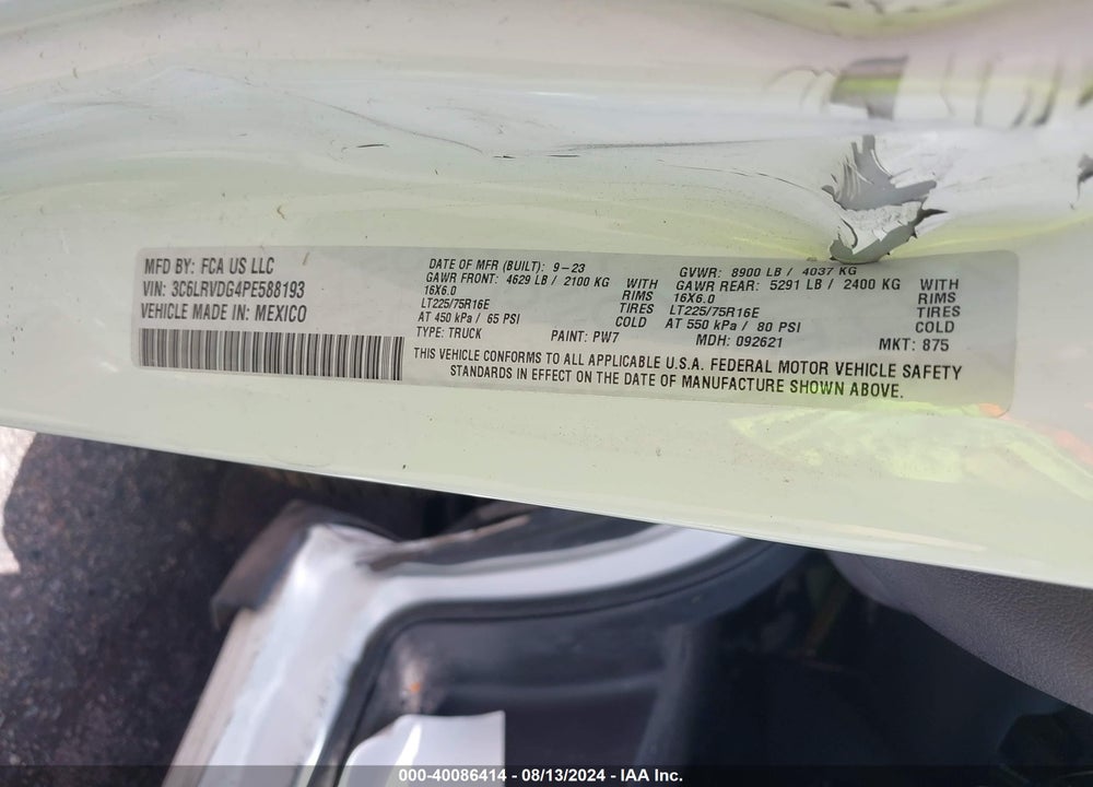 2023 RAM PROMASTER 2500 HIGH ROOF 159 WB VIN: 3C6LRVDG4PE588193