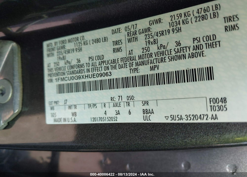 2017 FORD ESCAPE SE VIN: 1FMCU0G9XHUE09063