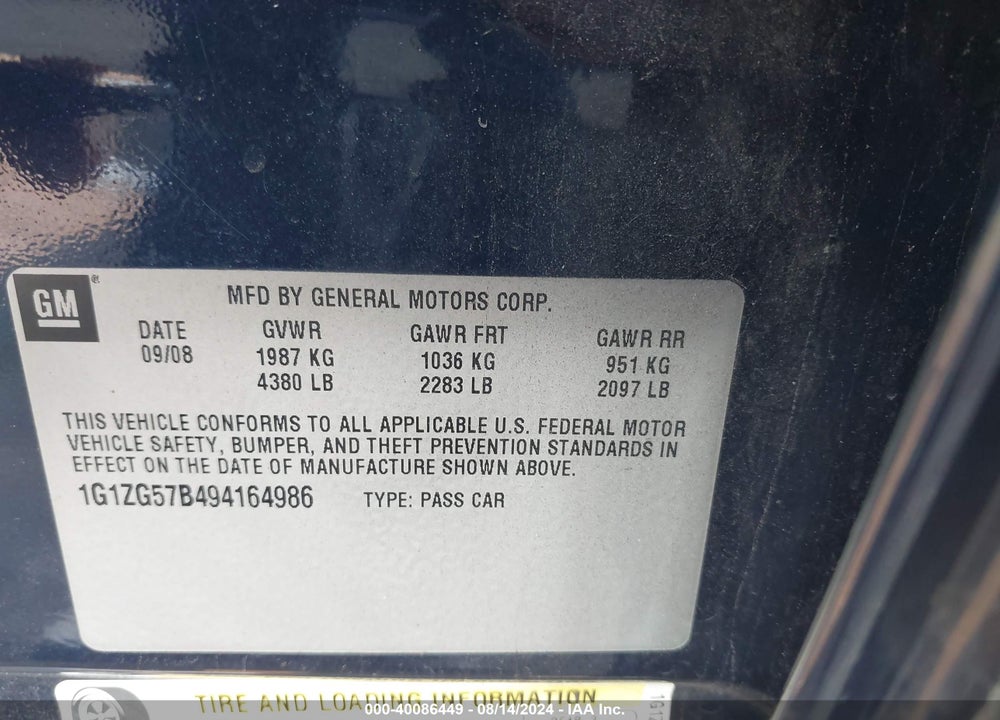2009 CHEVROLET MALIBU LS VIN: 1G1ZG57B494164986