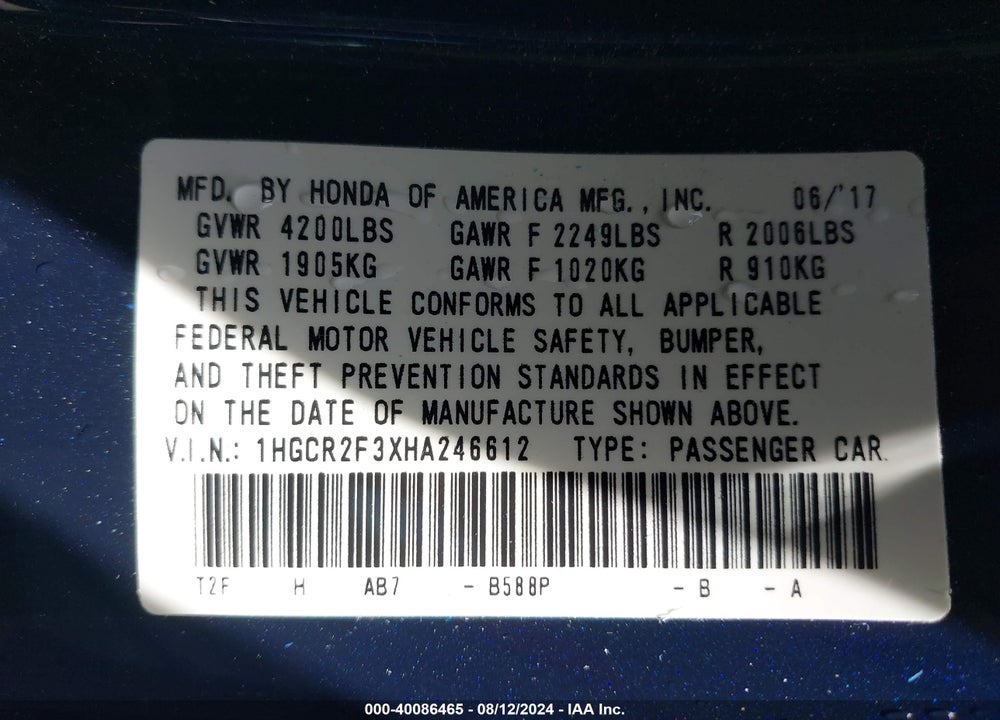 2017 HONDA ACCORD LX VIN: 1HGCR2F3XHA246612