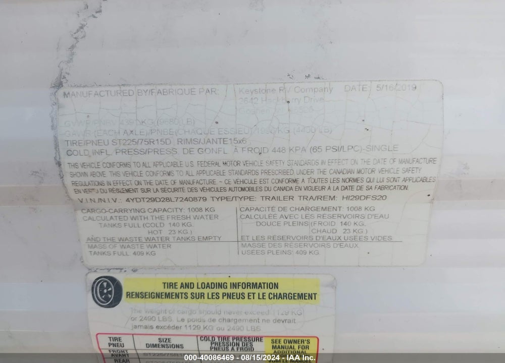 2020 KEYSTONE RV OTHER VIN: 4YDT29D28L7240879