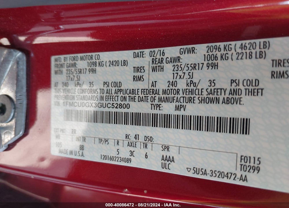 2016 FORD ESCAPE SE VIN: 1FMCU0GX3GUC52800