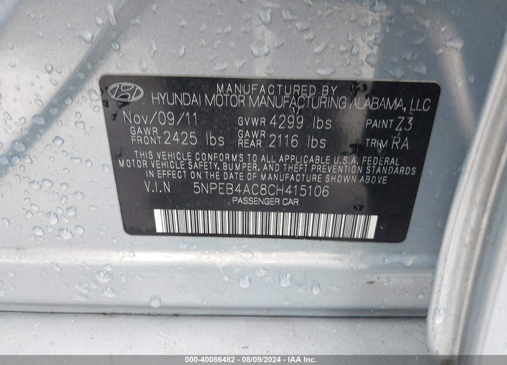 2012 HYUNDAI SONATA GLS VIN: 5NPEB4AC8CH415106