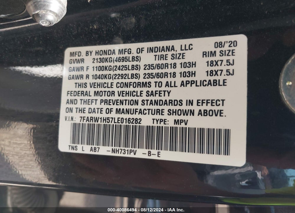 2020 HONDA CR-V VIN: 7FARW1H57LE016282