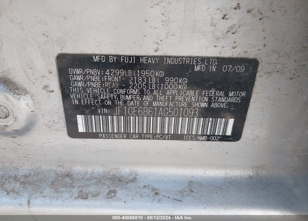 2010 SUBARU IMPREZA 2.5I PREMIUM VIN: JF1GE6B61AG501093