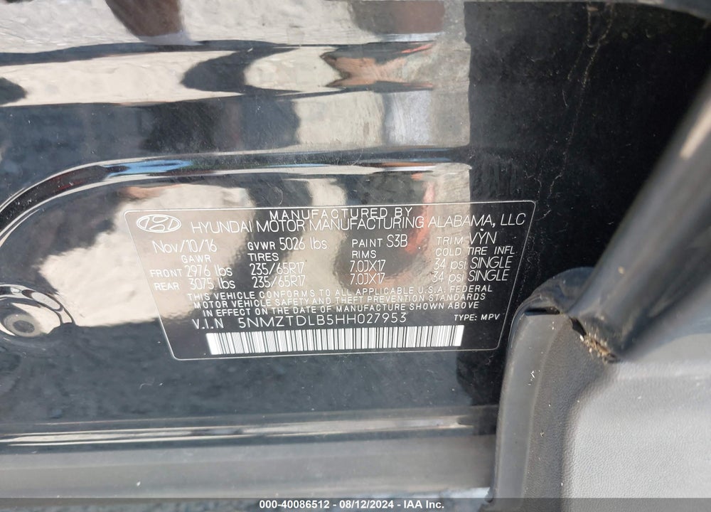 2017 HYUNDAI SANTA FE SPORT 2.4L VIN: 5NMZTDLB5HH027953