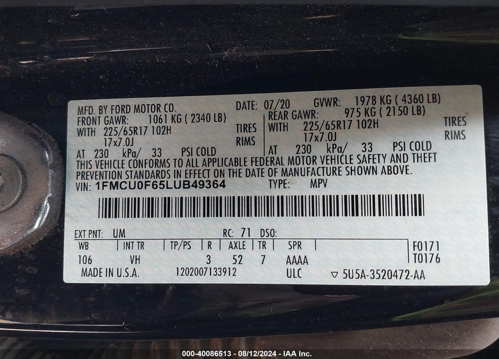 2020 FORD ESCAPE S VIN: 1FMCU0F65LUB49364