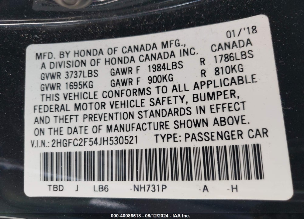 2018 HONDA CIVIC LX VIN: 2HGFC2F54JH530521