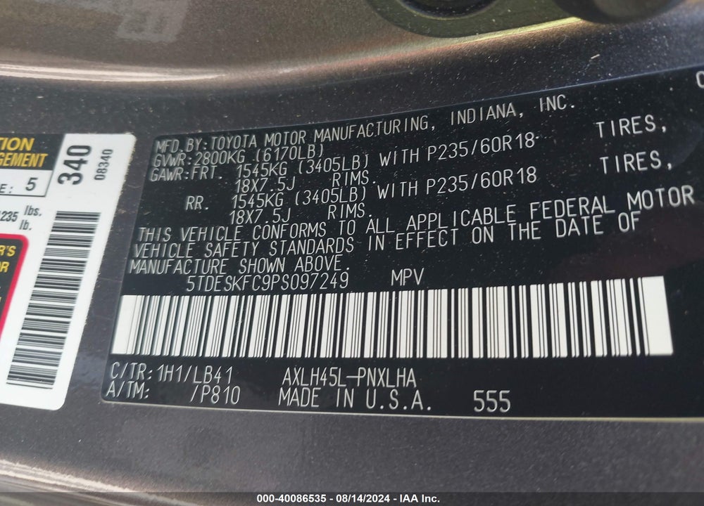 2023 TOYOTA SIENNA PLATINUM VIN: 5TDESKFC9PS097249