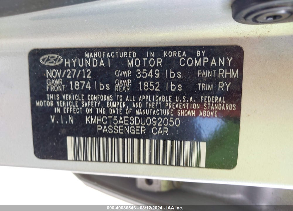 2013 HYUNDAI ACCENT GS VIN: KMHCT5AE3DU092050
