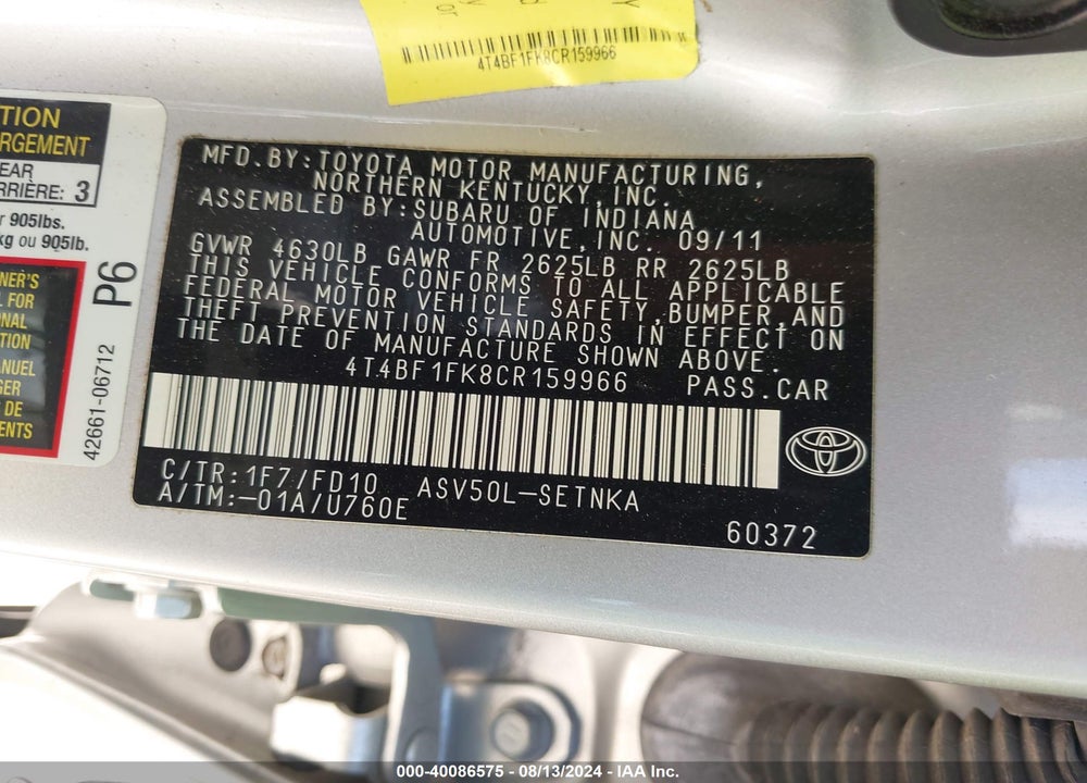 2012 TOYOTA CAMRY LE VIN: 4T4BF1FK8CR159966