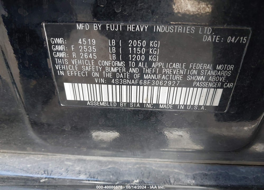 2015 SUBARU LEGACY VIN: 4S3BNAF68F3062927