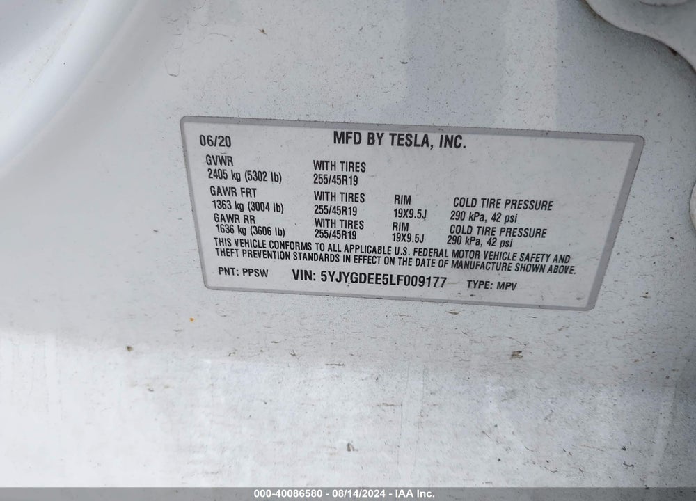 2020 TESLA MODEL Y LONG RANGE DUAL MOTOR ALL-WHEEL DRIVE VIN: 5YJYGDEE5LF009177