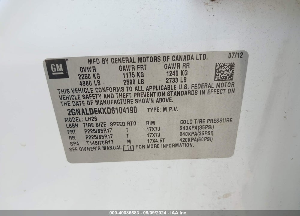 2013 CHEVROLET EQUINOX VIN: 2GNALDEKXD6104190