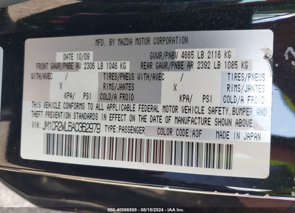 2010 MAZDA 5 SPORT VIN: JM1CR2WL6A0362979