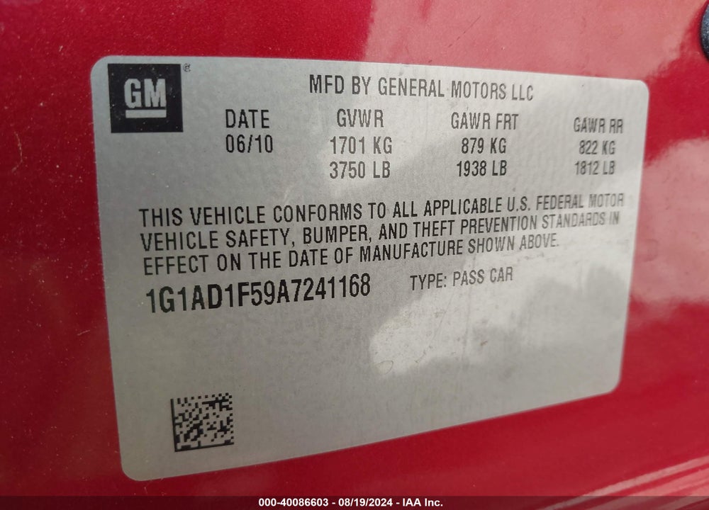2010 CHEVROLET COBALT LT VIN: 1G1AD1F59A7241168