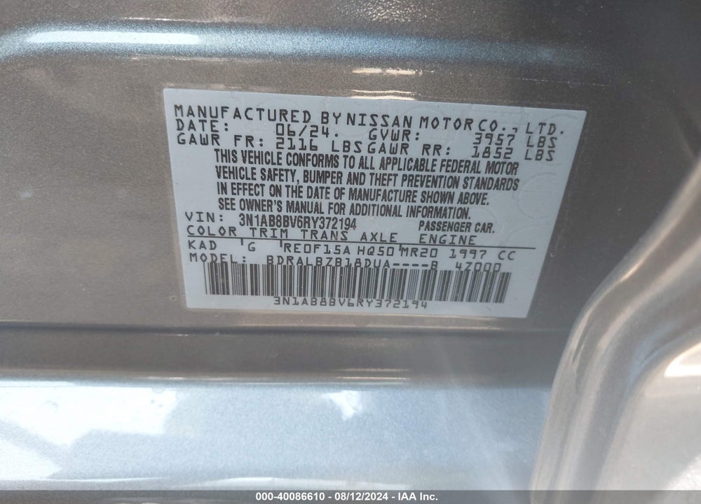 2024 NISSAN SENTRA S XTRONIC CVT VIN: 3N1AB8BV6RY372194
