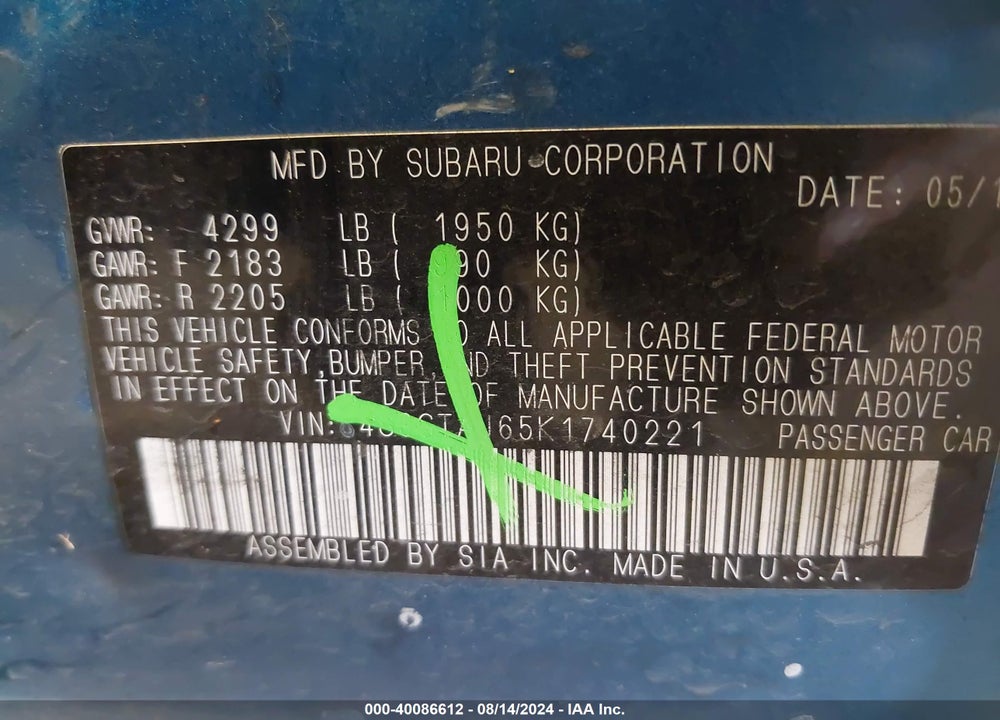 2019 SUBARU IMPREZA 2.0I SPORT VIN: 4S3GTAJ65K1740221